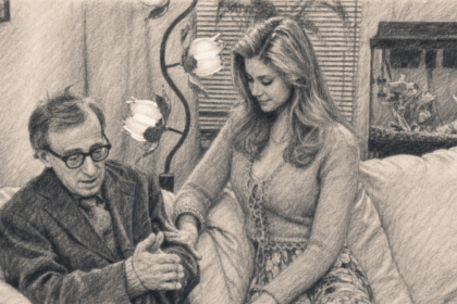 Ilustración en carboncillo para «Poderosa afrodita: dos escenas para entender cómo Woody Allen ridiculiza la fantasía del rescate»
